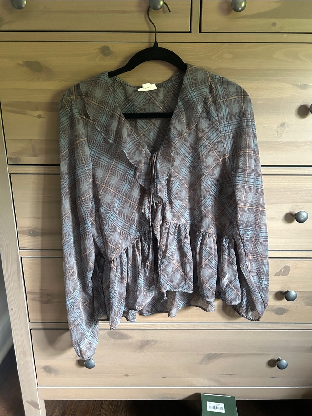 a.n.a Plaid Peplum Tie-Front Blouse - Brown and Blue
